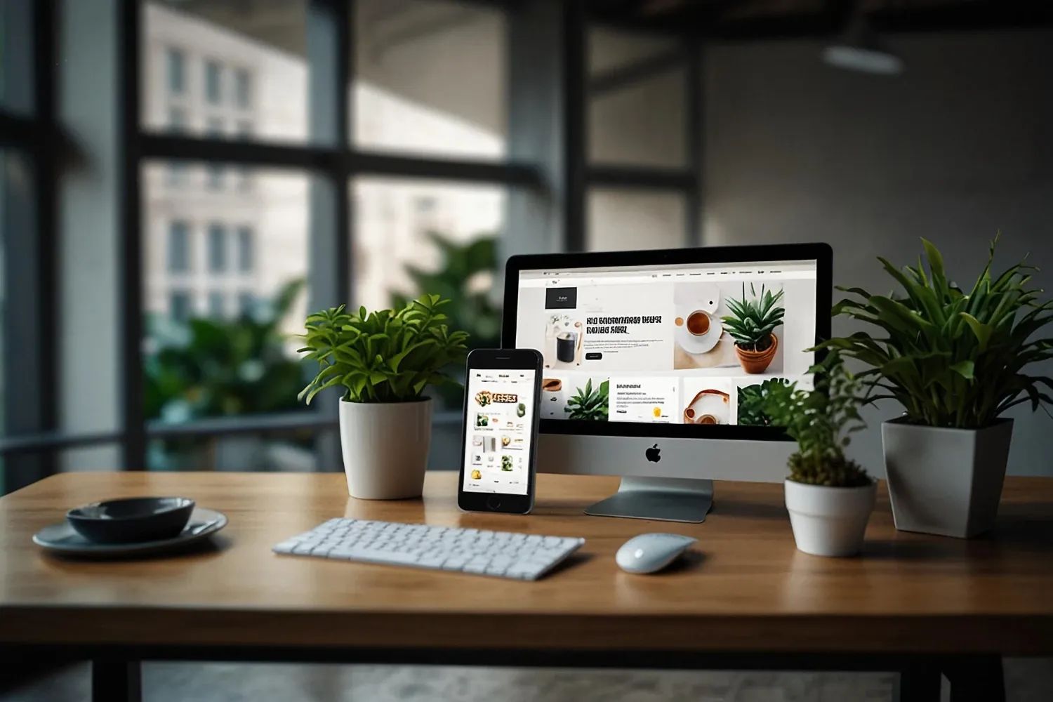 Site responsive afișat pe iMac și iPhone, pe un birou modern cu plante decorative